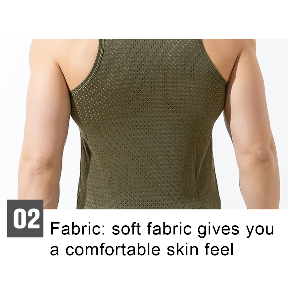 Мужской спортивный однотонный сетчатый прозрачный топ без рукавов с круглым