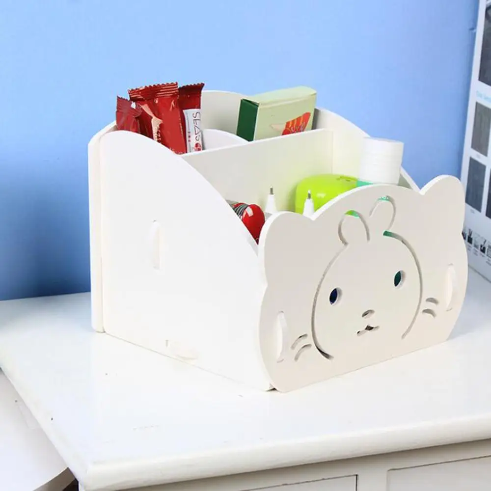 Rabbit XRHYY настольная коробка деревянный Настольный Органайзер DIY мультфильм карандаш держатель канцелярские принадлежности для хранения 3 отсека съемная ручка чехол для телефона - Цвет: Rabbit
