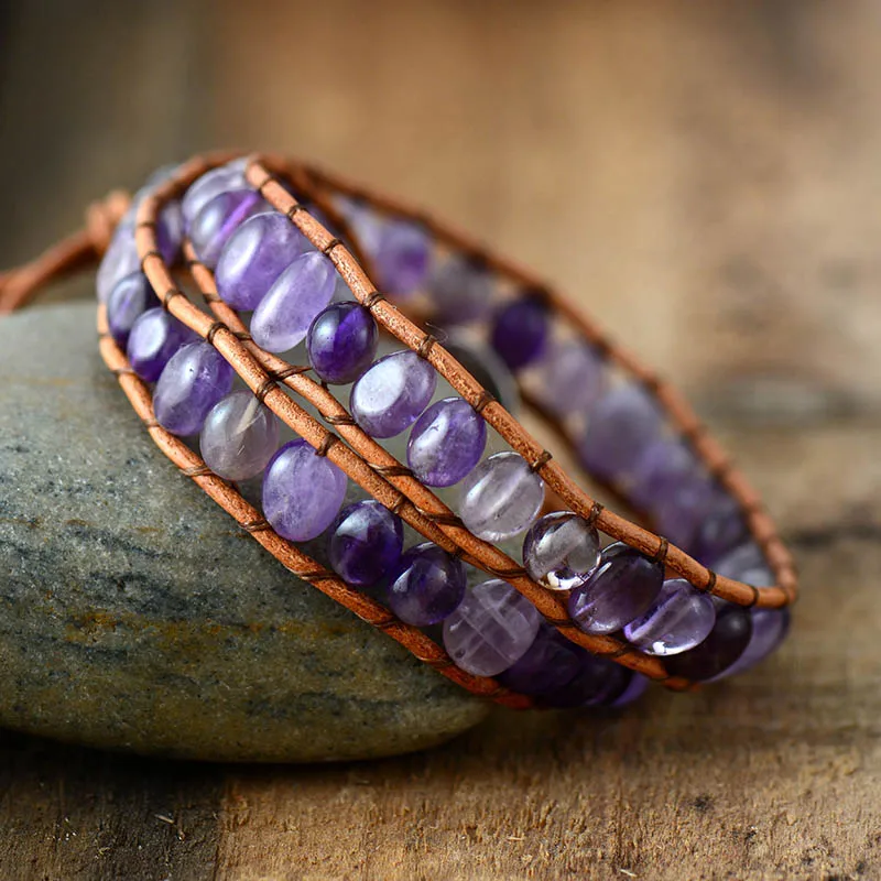 Womens Leather Bracelets New Purple Quartz 2 Strands Wrap Vintage Weaving Bead Bohemia Bracelet Dropshipping | Украшения и