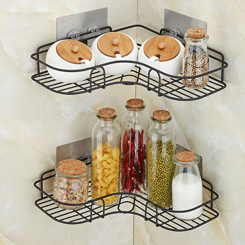 

Punch Free Tripod Corner Bathroom Shelf Bathroom Fixtures Wrought Iron Storage Rack Kitchen Bathroom Accessory Storage Artifact