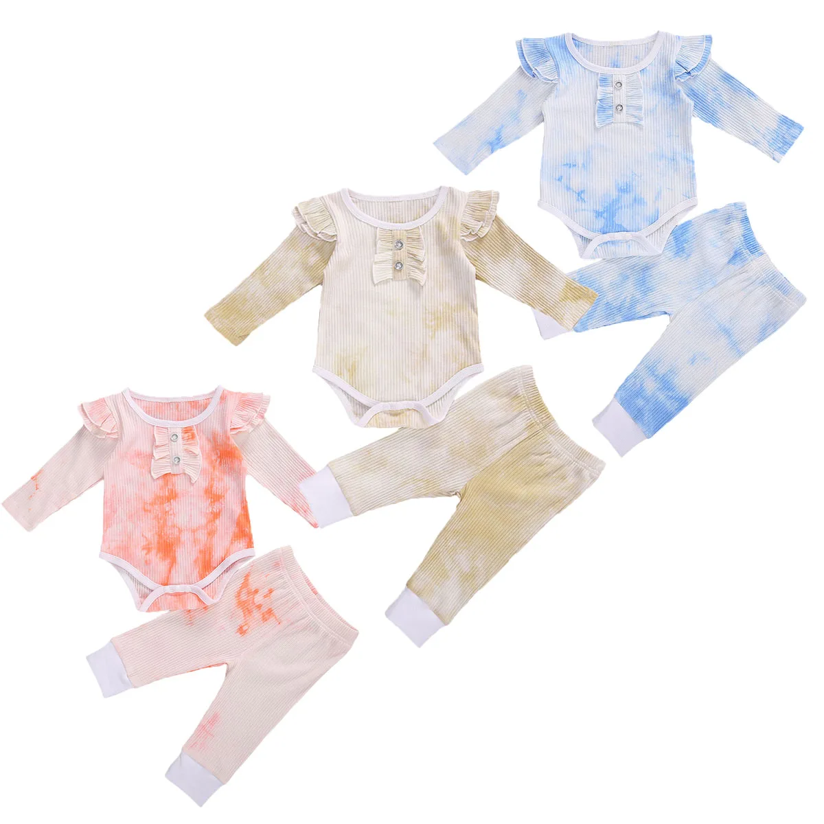 

2020 Autumn Newborn Baby Girls Clothing Set Toddler Ruffle Long Sleeve Tie Dye Bodysuits + Elastic Waist Trousers 0-18M Clothes