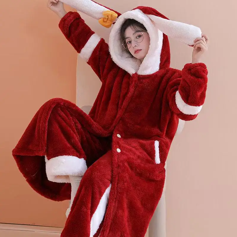 

Пижамный комплект для женщин, фланелевая утепленная теплая Милая Пижама с животными, Пижамный костюм, домашняя одежда с капюшоном и кроличь...