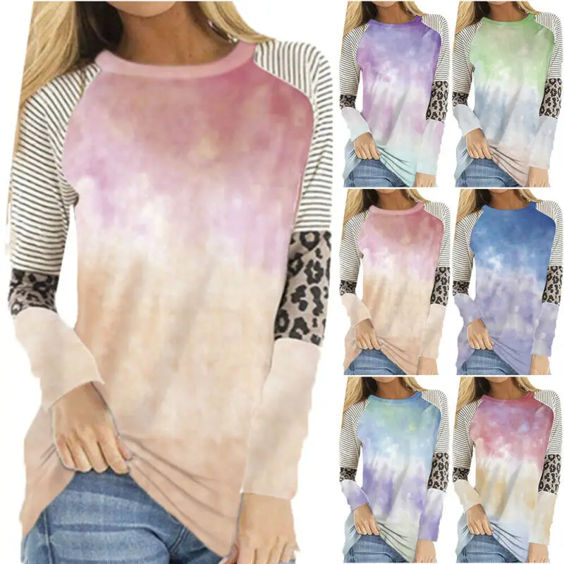 

Autumn Women's Round Neck Tie-Dye Loose Sweater Casual Blouse Leopard Print Top