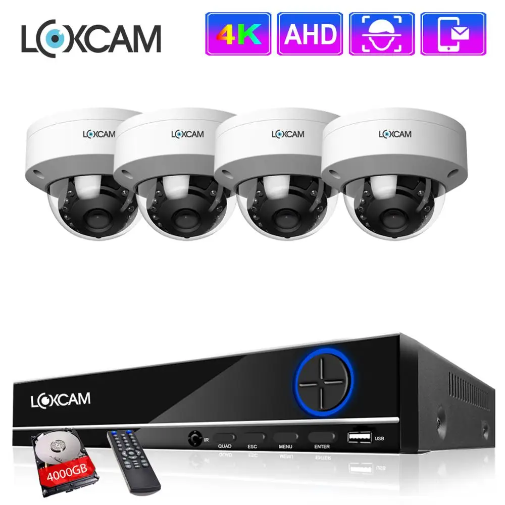 LOXCAM h.265 + 4CH 4K Ultra HD CCTV DVR System 8MP IP66 металлическая комнатная наружная Антивандальная