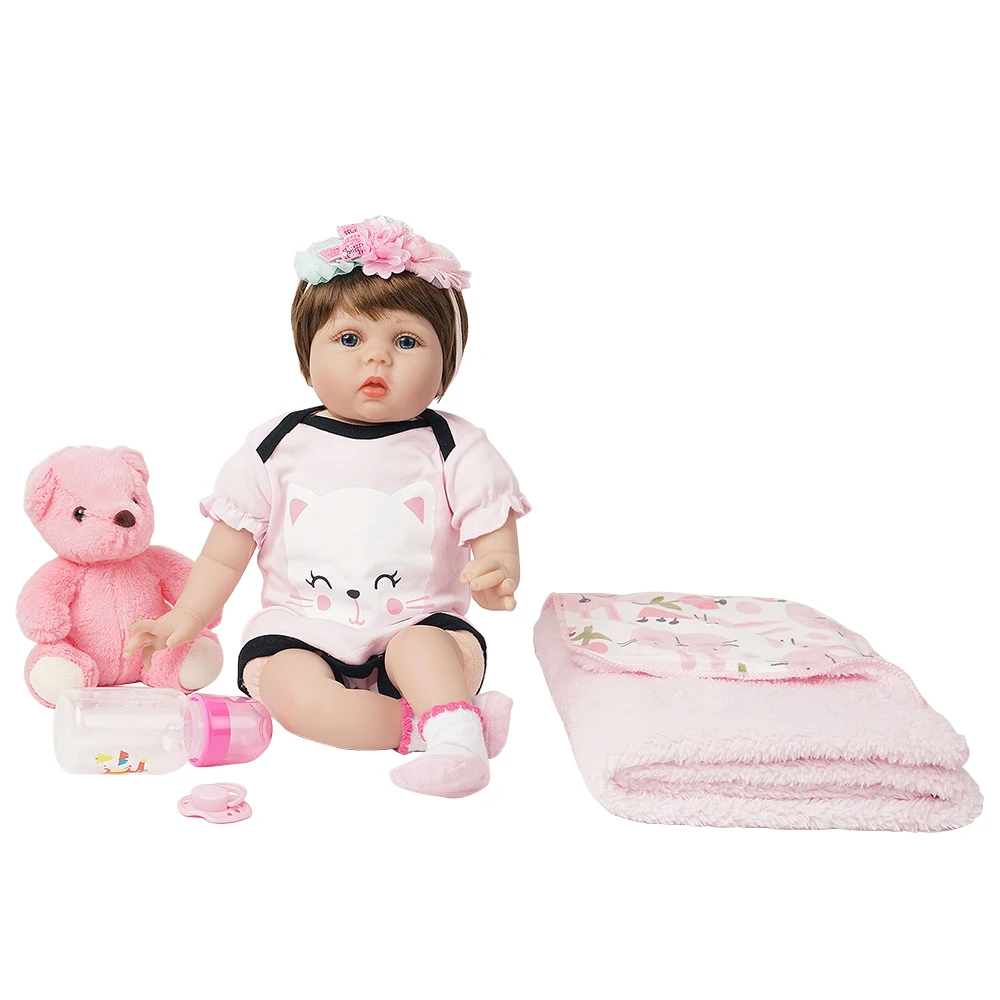 55 см Reborn Baby Doll девочка с игрушкой медведь и одеяло силикон винил новорожденный