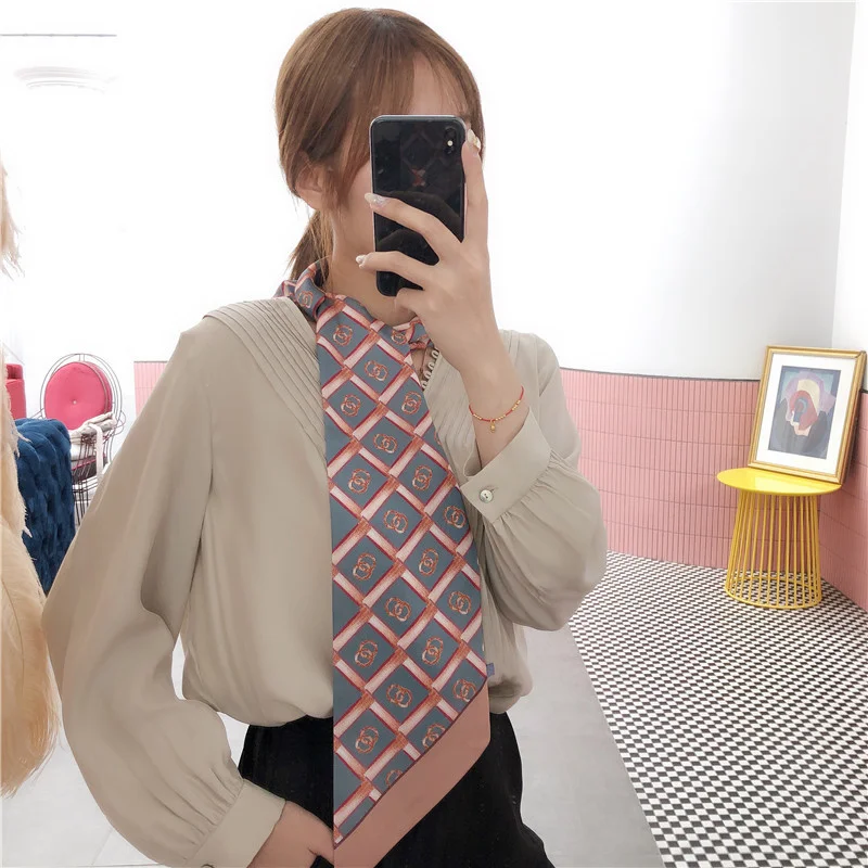 

New Fashion Skinny Bag Strap Women Designer Print Ribbon Silk Scarf Headwear Neckerchief Long Wrap Hair Neck Luxury Accessory