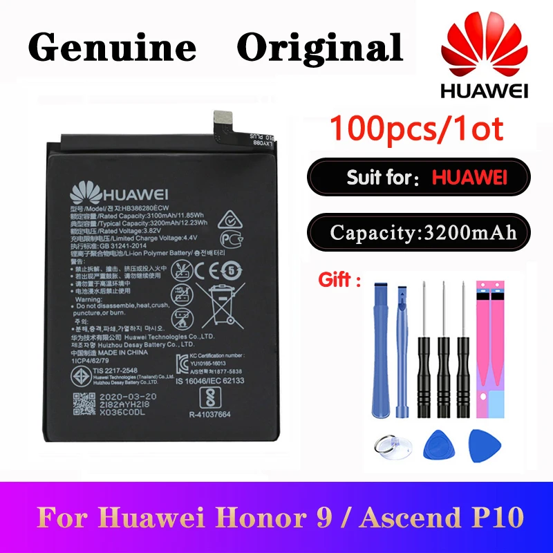 

100pcs/lot Original Battery HB386280ECW For Huawei P10 Honor 9 STF-L09 STF-AL10 Ascend P10 Mobile Phone Batteria 3200mAh