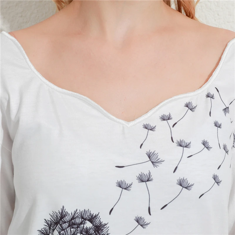 

Autumn T Shirt Plus Size 3XL Ladies Dandelion Print Pullover Fashion Asymmetrical Collar Long Sleeves Tee Casual Female T Shirt