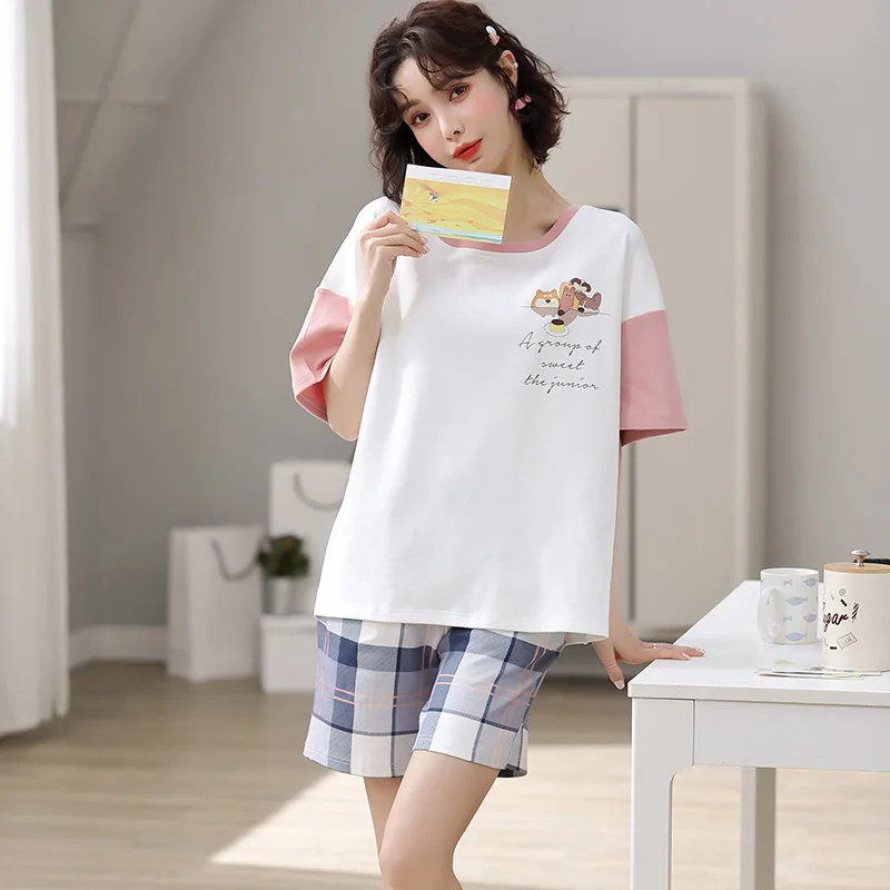 

Pure Cotton Summer Plaid Pants Pajamas Women's Pudding Cute Short Sleeve Thin Suit Loose Sweet Home Wear Can Be Worn outside
