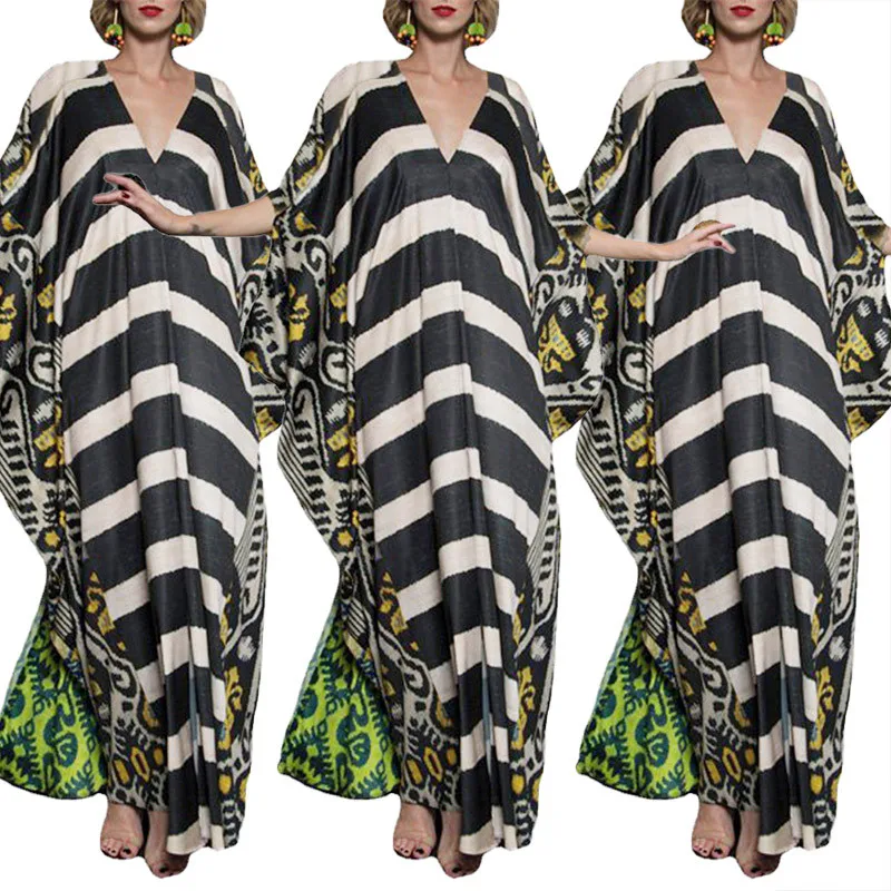 

Stripe Printing Casual Kanga Clothing Sexy V-Neck Short Sleeve African Dress for Women Oversized Loose Robe Evening Dresses 2021