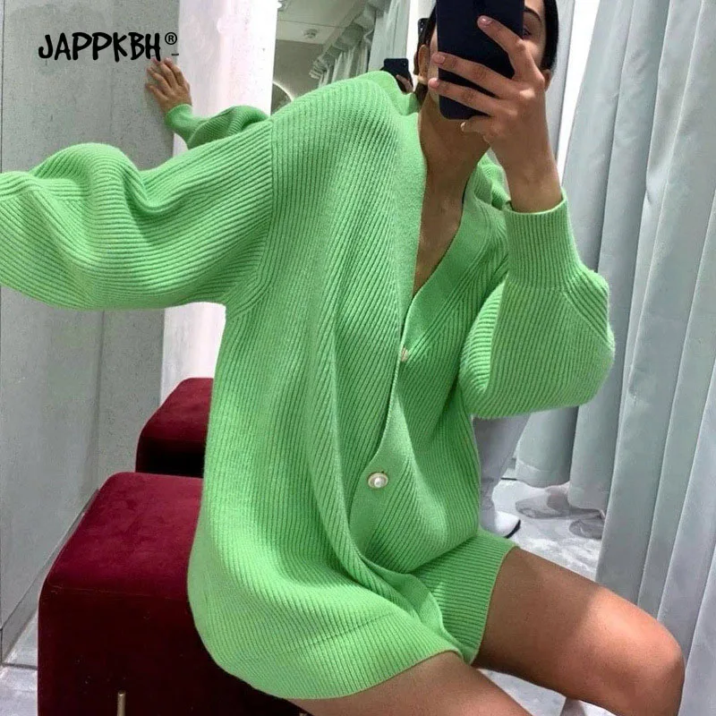 

V-neck Lantern Sleeve Cardigan Women Knitted Basic Oversize Sweater Spring Autumn 2021 Female Cardigans Ladies Loose Jacket