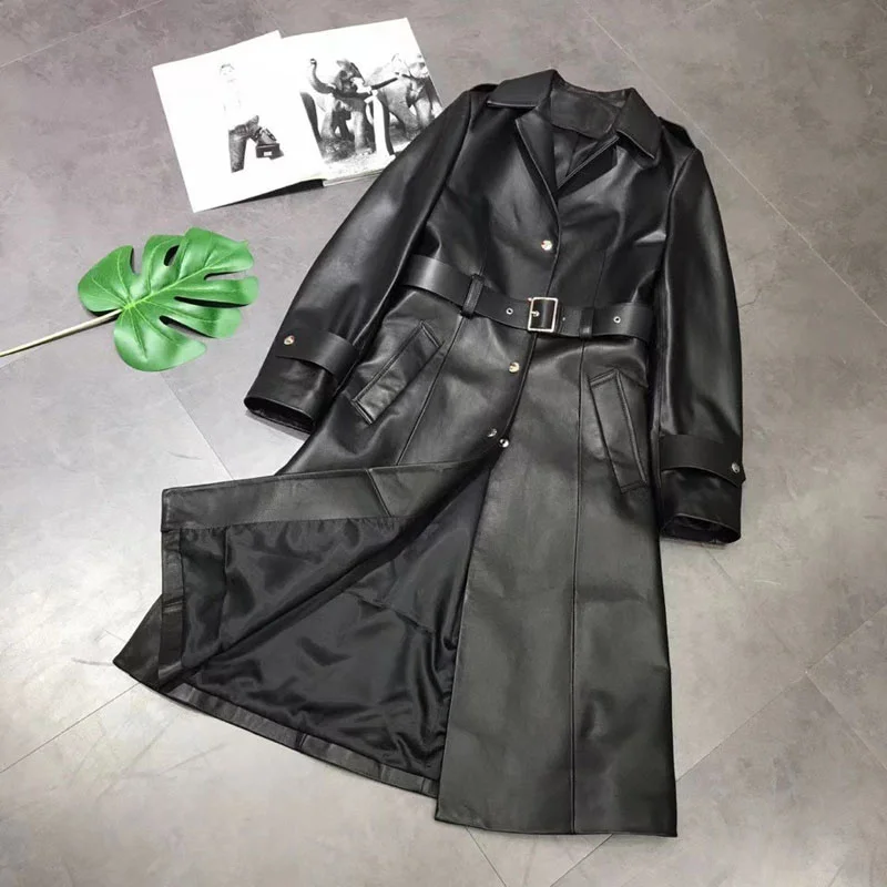 

Women Coat Spring X-Long Length New Zealand Import Genuine Leather Jacket With Belt Turn-Down Collar Lady Clothing + FG688
