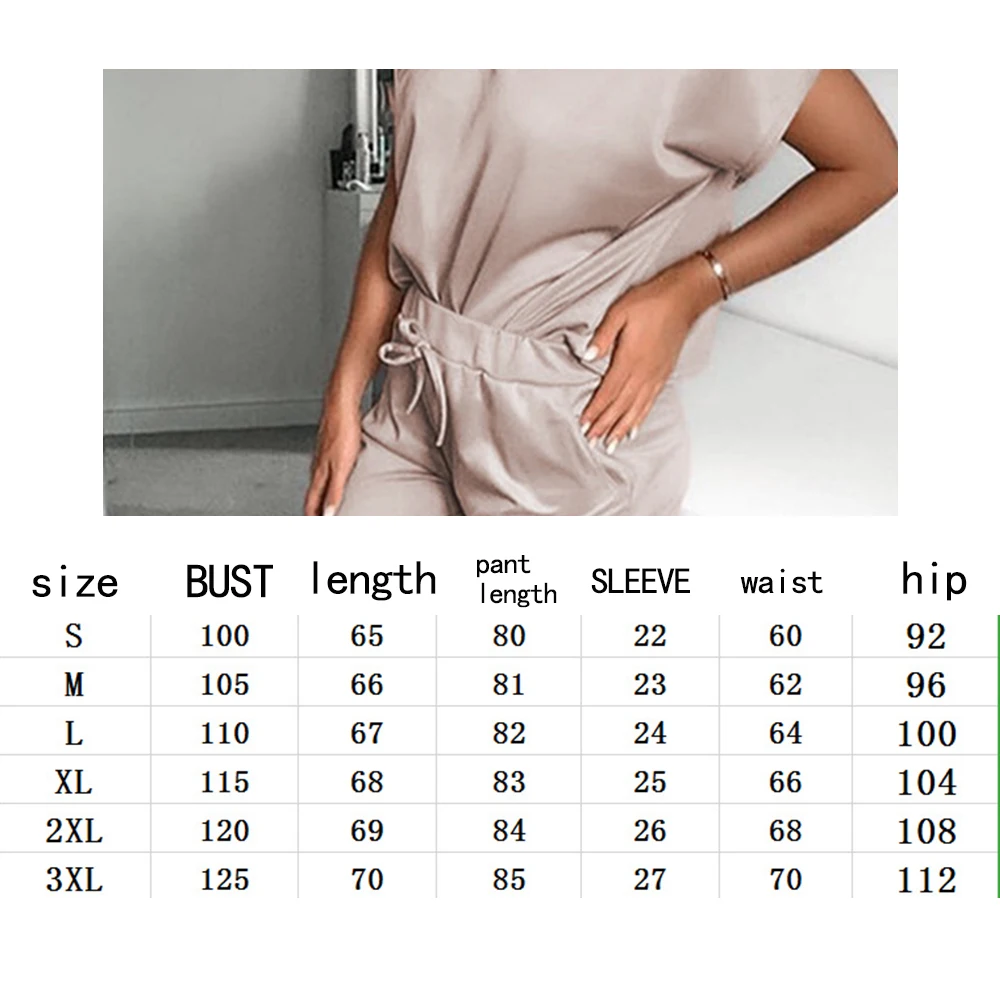 

OUSHANG 2020 Solid Slim Cropped Pants Two Piece Set Fashion Holiday Ladies 2 Piece Set Plus Size Summer O Neck Women's Sets