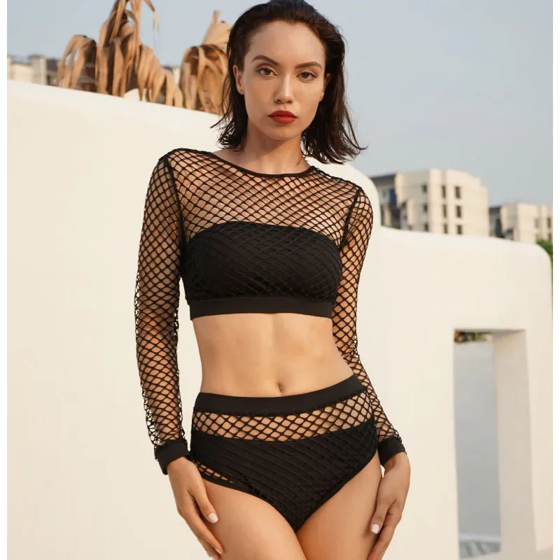 

S-XL Ladies Hollow Net Sexy Perspective Long Sleeve Underwear Sets Women's Interest Underwear Split Suit