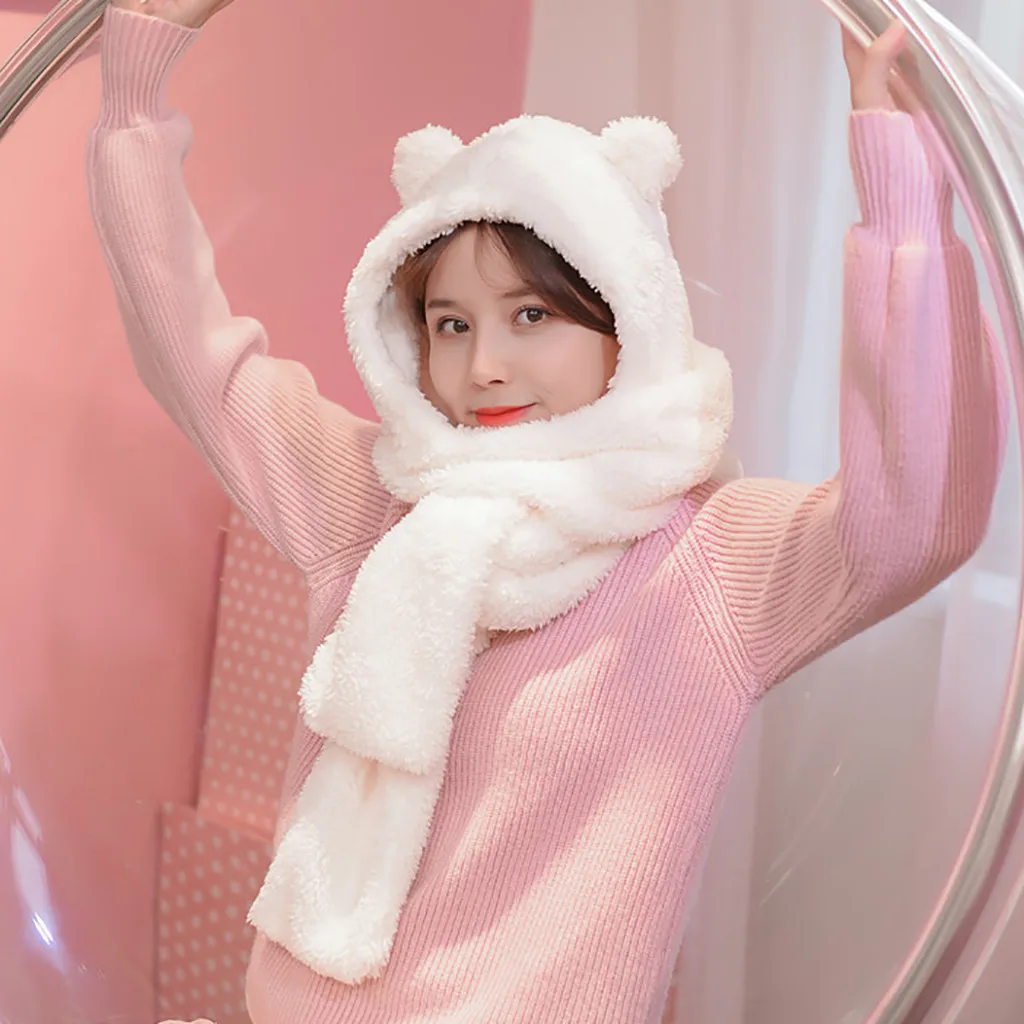 Шапка с медвежьими ушками шарф шапка однотонная женская защита для ушей из двух