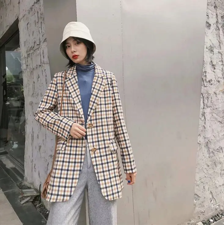 

HCBLESS 2019 autumn and winter women's two buckle plaid small suit women's casual suit jacket