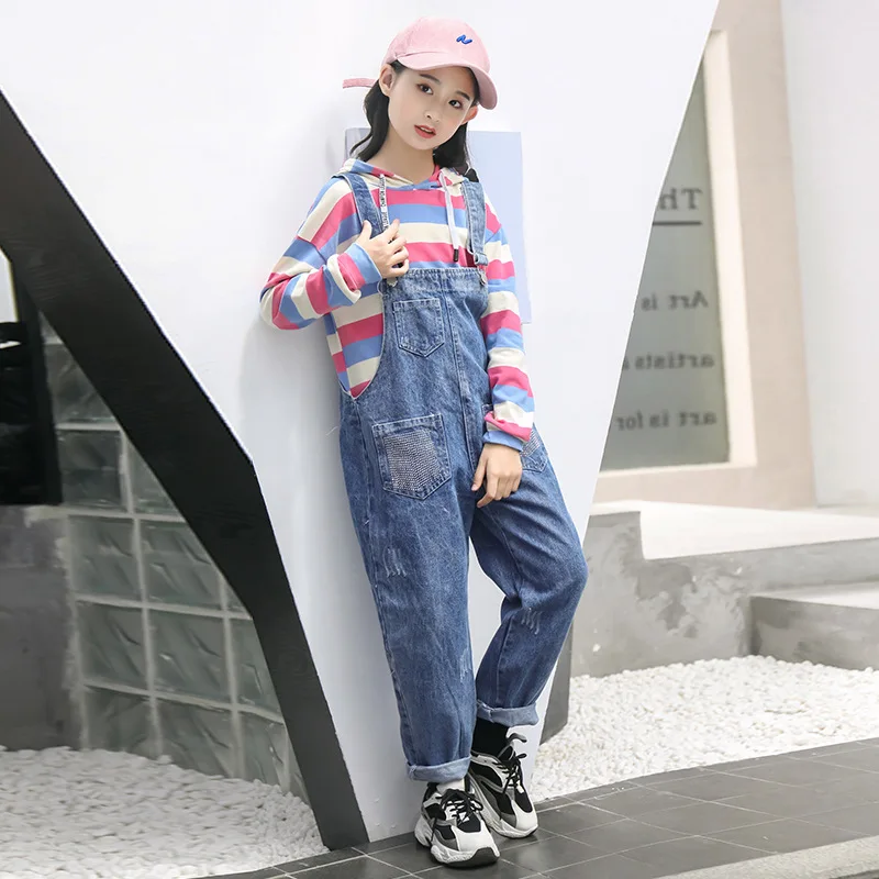 

Весна 2020, детские костюмы для девочек, джинсовые подтяжки и полосатые толстовки, Женский костюм из двух предметов