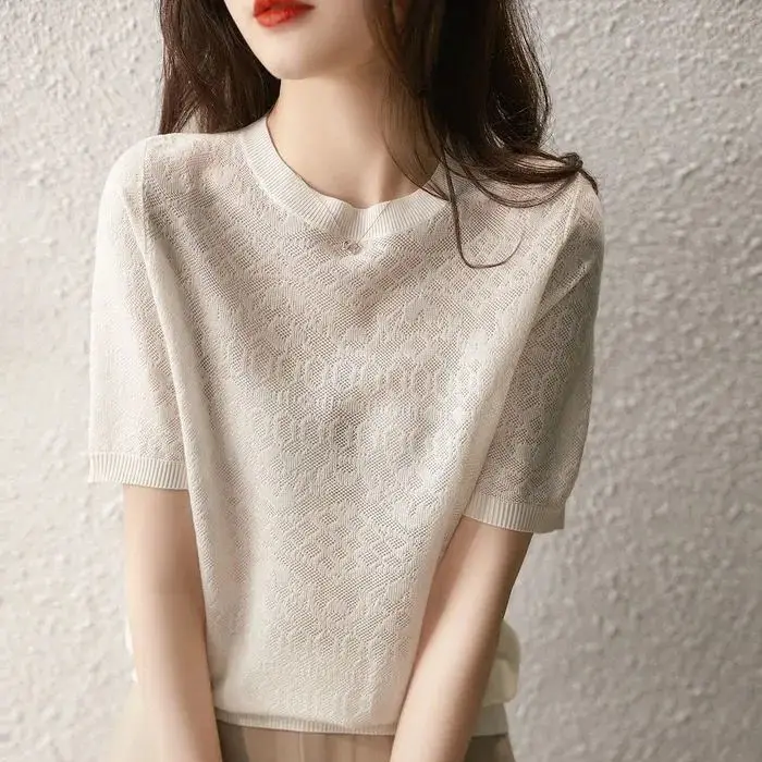 

New jacquard micro transparent imitation mulberry silk top summer round neck sweater solid color short sleeve Pullover T-shirt