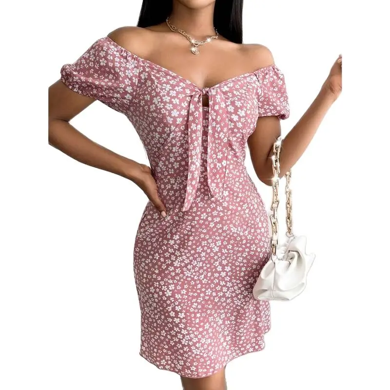 

2022 Summer Printing Dresses Women V-neck Backless One-step Skirt Short Sleeve Casual Street Basic Models Feminine Clothes