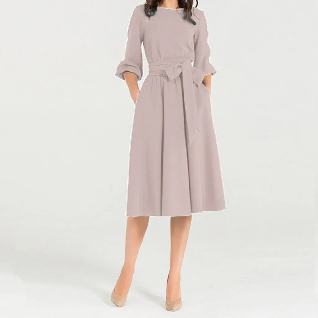 Винтаж Для женщин модные однотонные с поясом летнее платье коротким рукавом