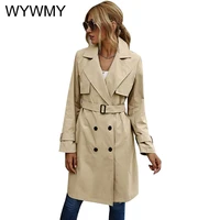 wywmy women casual solid color trench coat spring autumn elagant fashion long sleeve lapel double breasted jackets windbreaker