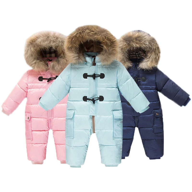 2021 Russia Winter Baby Jumpsuit Kids Thicken Warm Overalls for Children Toddler Boys Down Parka Coat Girls Fur Collar Ski Suit