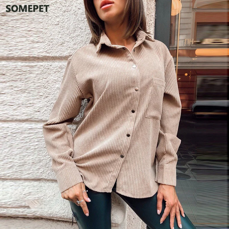 

Women Casual Vintage Long Sleeve Corduroy Shirt Ladies Turn Dwn Collar Solid Pockets Office Work Loose Blouse Winter Tops
