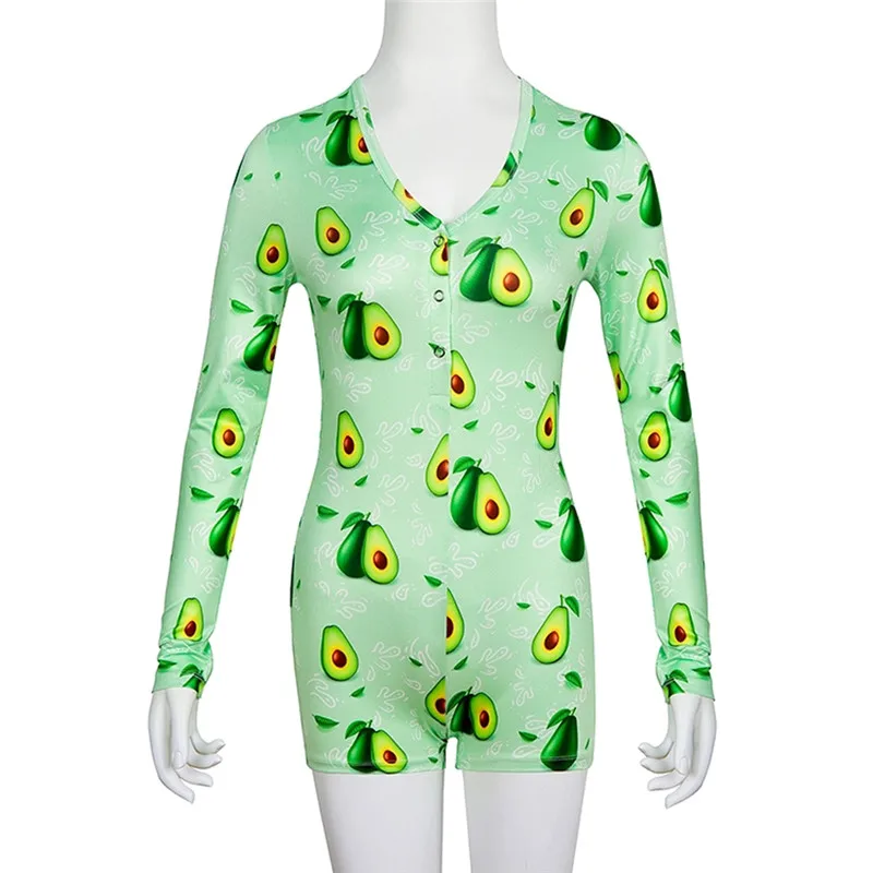 

NEW Women Casual Printed Rompers Sleepwear Bodycon Stretch Leotard Jumpsuit Sexy V Neck Long Sleeve Bodysuit