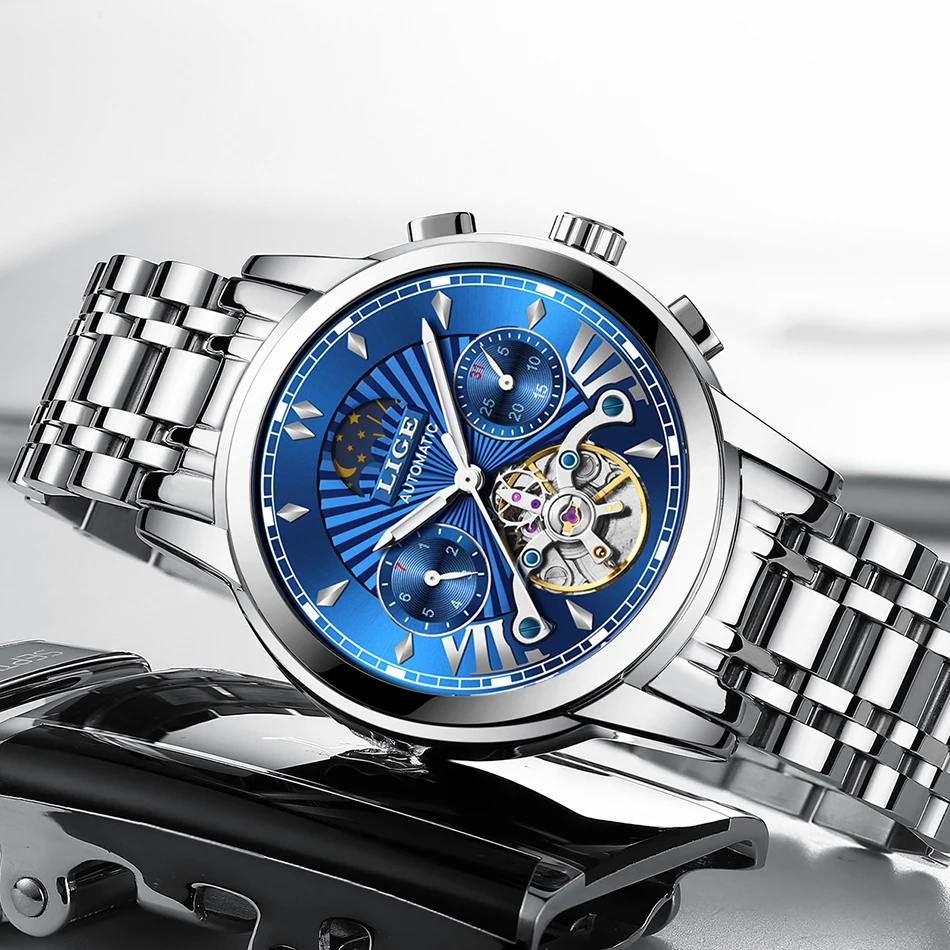 Часы наручные LIGE Мужские автоматические брендовые Роскошные водонепроницаемые