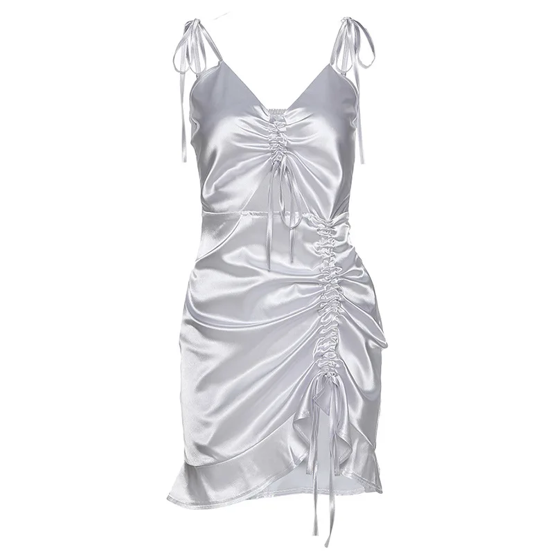 

Shestyle Satin Silk Ruffles Sexy Dress Women Summer Drawstring V Neck Asymmetrical Solid Hollow Out Bndage Straps Dresses 2021
