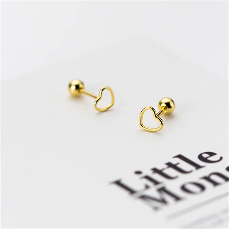 

A00576 Lovely 925 Sterling Silver Jewelry Cute Small Simple Hollow Love Heart Stud Earrings Glossy Beads Earplugs Women