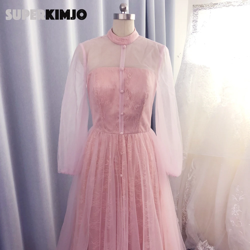 Женское вечернее платье с длинным рукавом dusty розовое кружевное трапециевидной