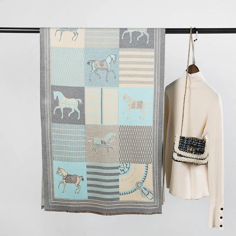 Бренд YILIAN толстый кашемировый зимний шарф с принтом лошади модная длинная