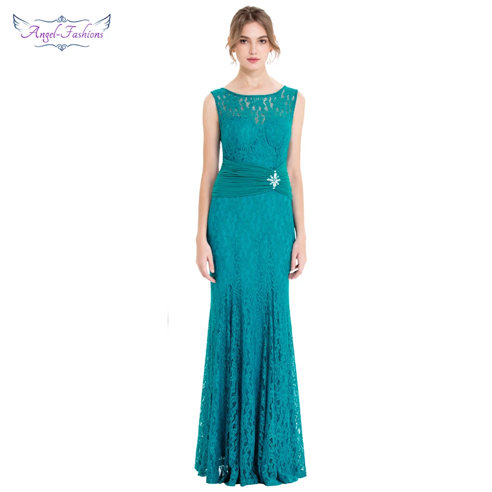 

Angel-fashions Women's Formal Evening Dresses Sheer Illusion Pleated Beading Flowers Lace Party Dresses Blue Green 418