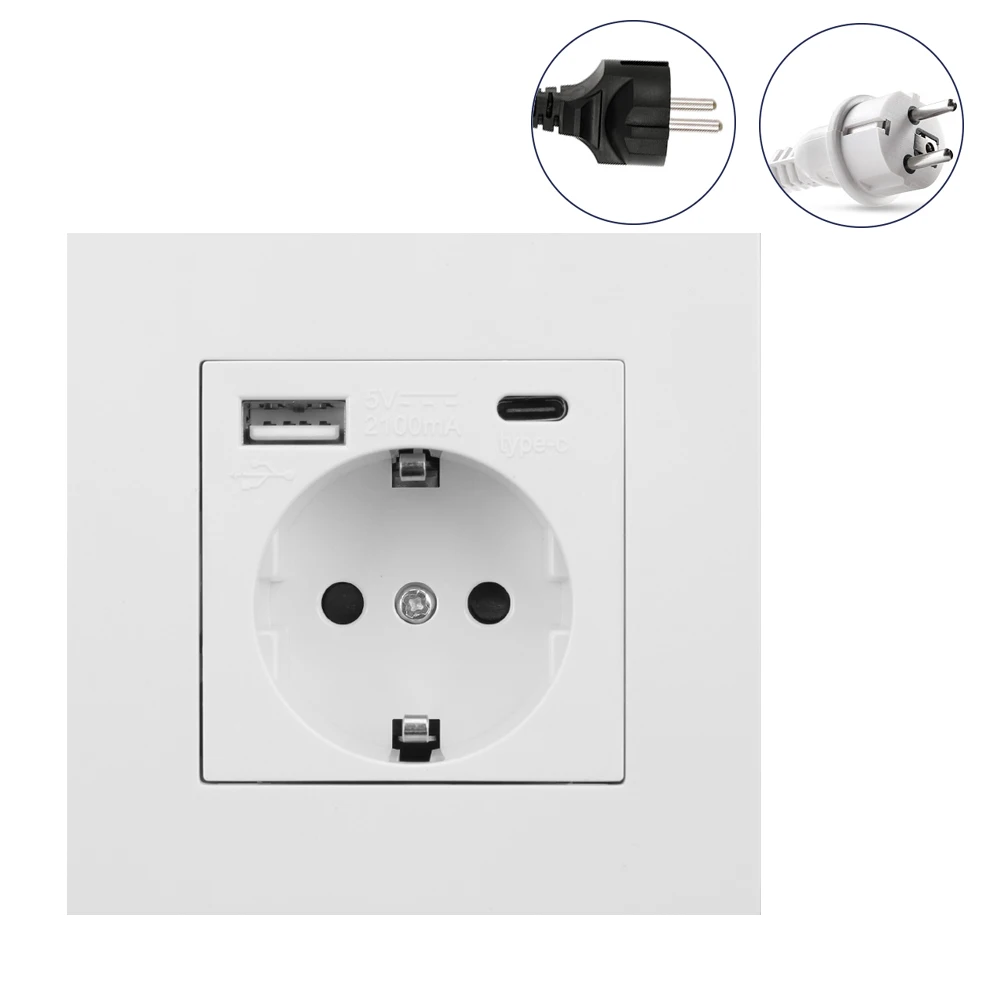 

PC Panel Germany Plug Socket EU Standard Electrical Wall Charger Adapter Power Outlets With Usb Type-C Charging Port 16A