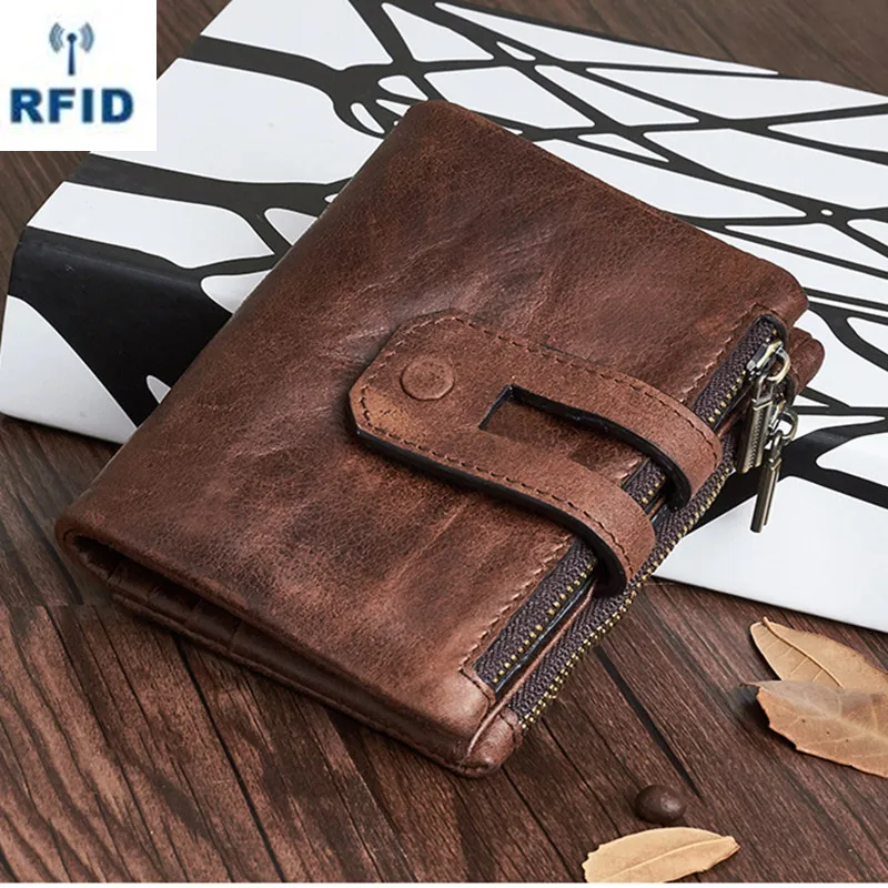 Ретро Натуральная кожа Rfid двойной кошелек на молнии портмоне застежке короткий