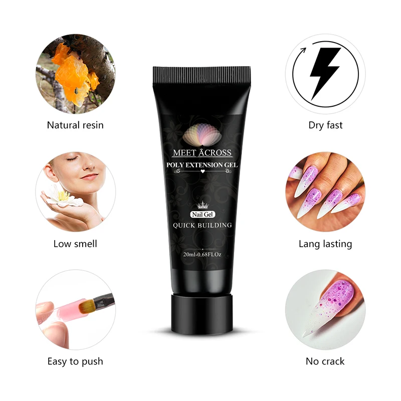 

MEET ACROSS Poly UV Gel Manicure Set Extend Glitter Poly UV Gel Kits Finger Nail Extension UV LED Acrylic Builder Nail Gel