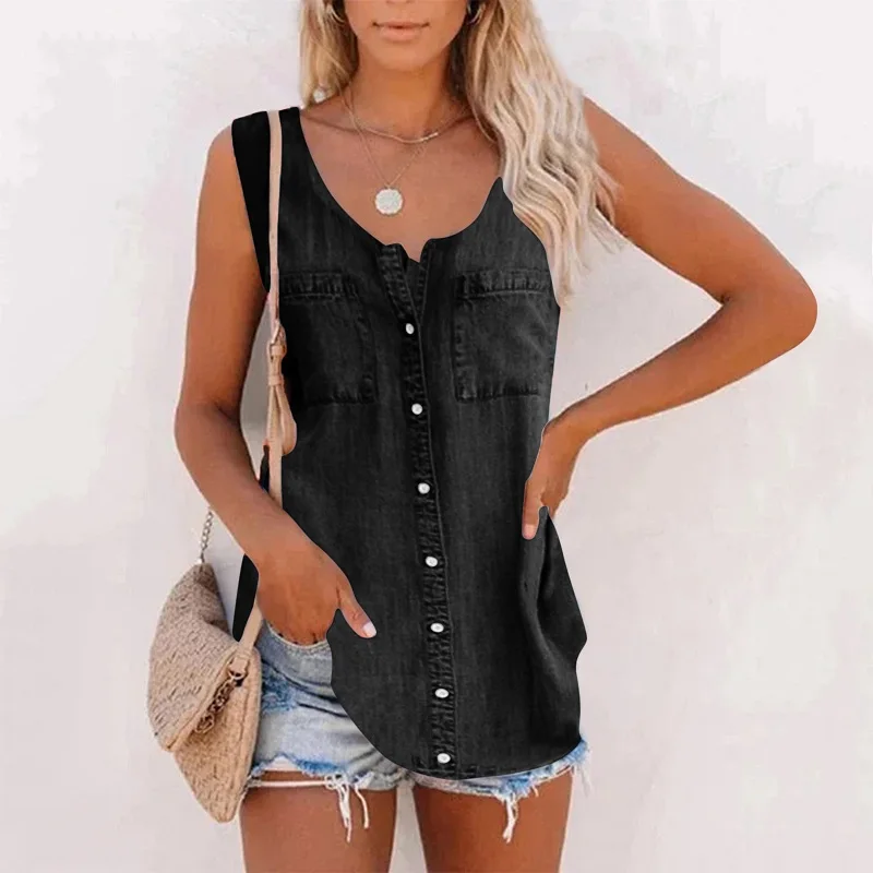 

2021 Fashion Elegant Pockets Solid Shirt Blusa Casual V Neck Button Vintage Denim Blouse Tank Women Summer Sleeveless Tops Shirt
