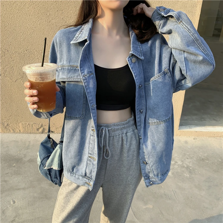 

Women's Denim Jacket 2021 Korean Solid Lapel Long Sleeve Casual Blue Jacket Outwear Autumn Loose Jeans Cool Black Coats Female