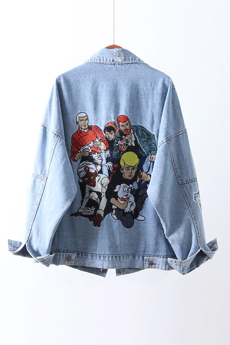 

Hong Kong style denim jacket female loose Harajuku Korean student fashion large size ripped short embroidered gown