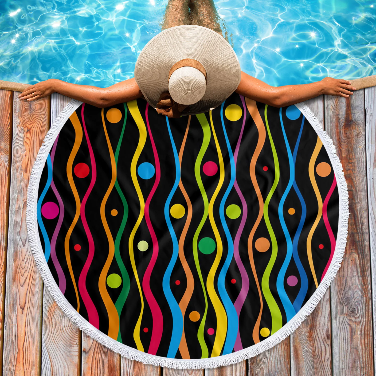 Circular Rainbow Wave Swimming Towel Microfiber Beach Towels Yoga Mat Shawl Round Tassel | Towel/Towel Set