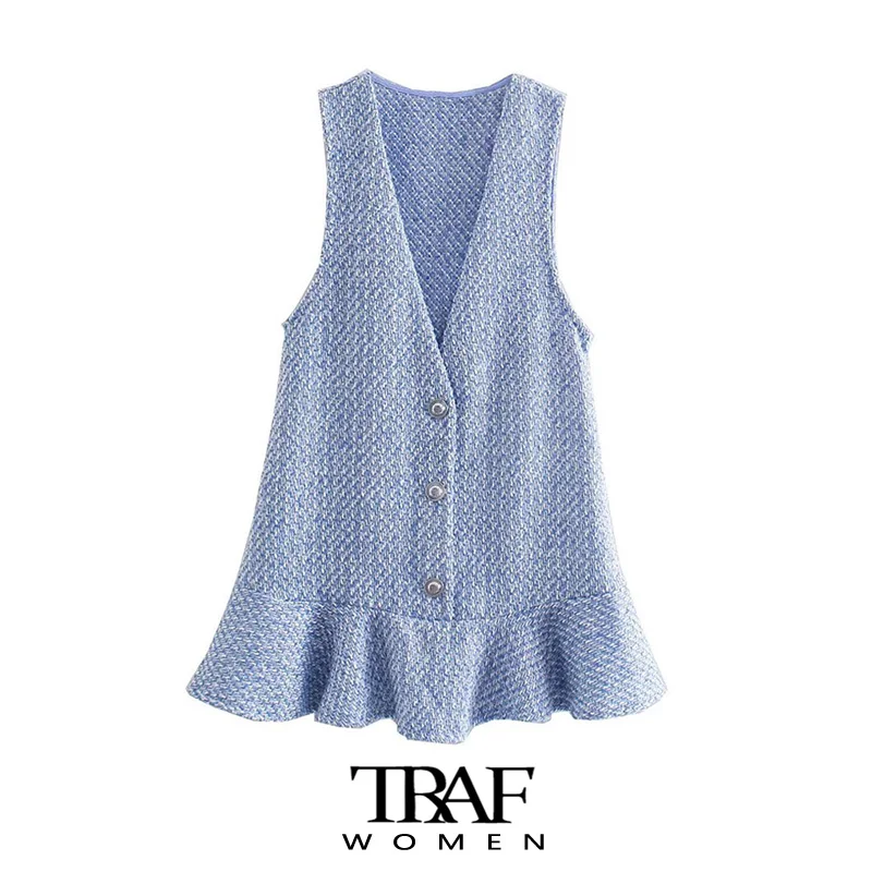 

TRAF Women Fashion Tweed Ruffled Pinafore Mini Dress Vintage V Neck Sleeveless Female Dresses Vestidos Mujer