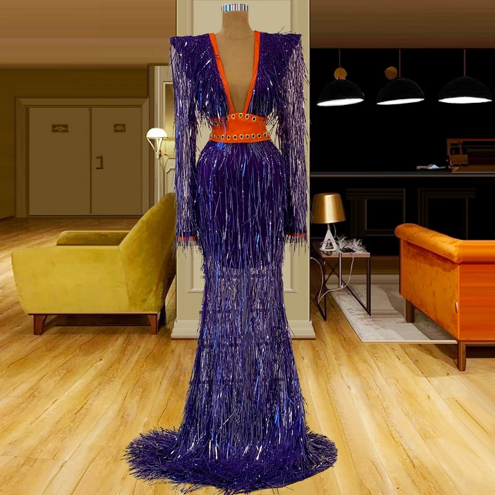 

Manches longues violet robe longue Long Sleeves Purple Sweep Train robe de fiançailles Grils Tassels Engagement Dress