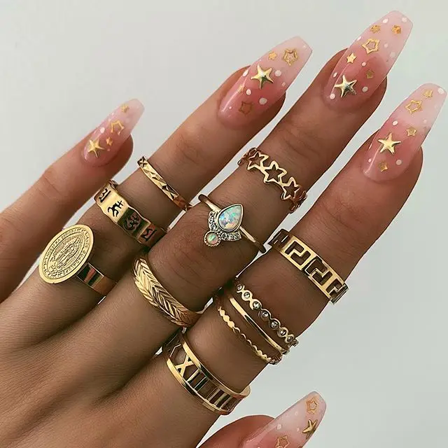 

Bohemian Rings Serpentine Demon Eye Star Geometry Chain Gold Color Alloy Ring Set Personality Lady Wedding Jewelry