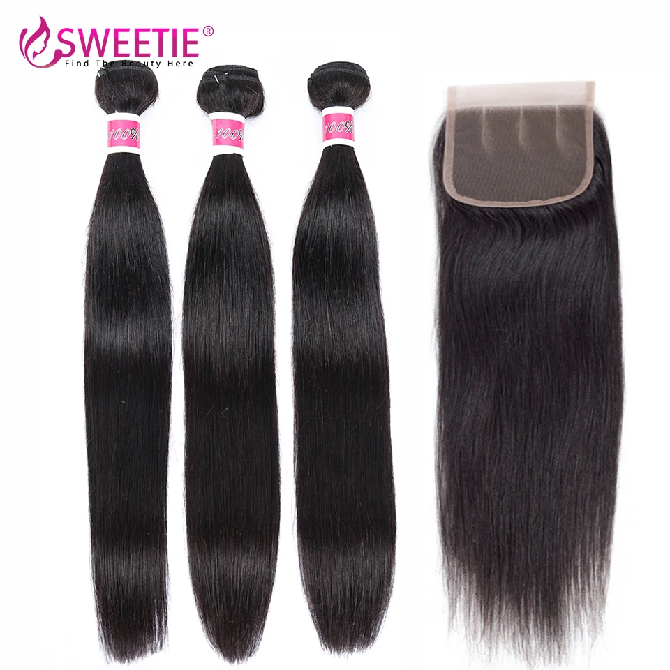 

Sweetie Hair Peruvian Straight Hair Bundles With Closure 4x4 5x5 Free Part Remy 100% Human Hair 3 Bundles With Lace Closure