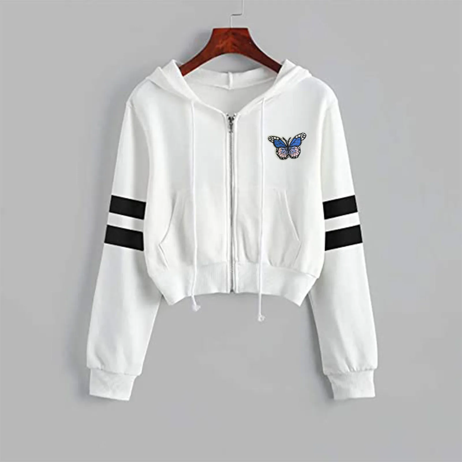 Fashion Autumn Women's Solid Color Short Zipper Long Sleeve Hooded Butterfly Print Sweetshirts Свитер с капюшоном 2021 New