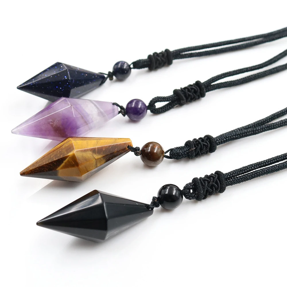 

Natural Stone Necklace Drop Weave Rope Reiki Amethyst Quartz Crystal Gemstone Water Cone Pendant Long Necklace for Women Jewelry