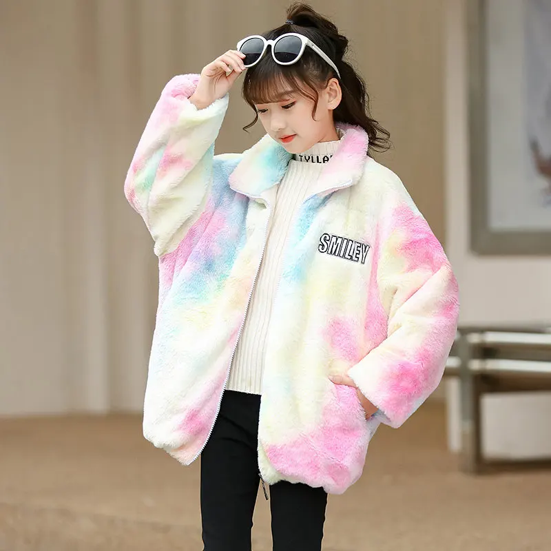 

Coat for Girls Wool Cashmere Autumn Winter Children Woolen Coats Fleece Outfits Tie-Dye Outdoor Zipper Kids Teen Warm Outerwear