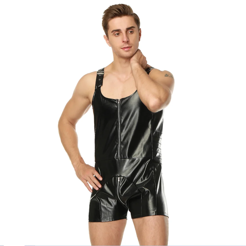 

mens bodysuit leather male lingerie spandex bodysuit zipper crotch erotic lingere sexy jumpsuits leotard stage nightclub wear