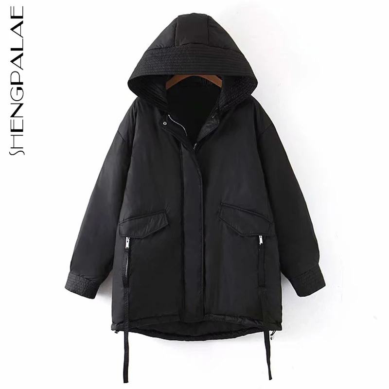 

SHENGPALAE Fashion Black Cotton Jacket Women's Winter 2021 New Hooded Loose Zipper Long Sleeve Thick Warm Parker Coat Female